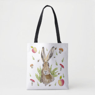 Bolsa Tote Lebre branca com fundo de maçãs e cogumelos
