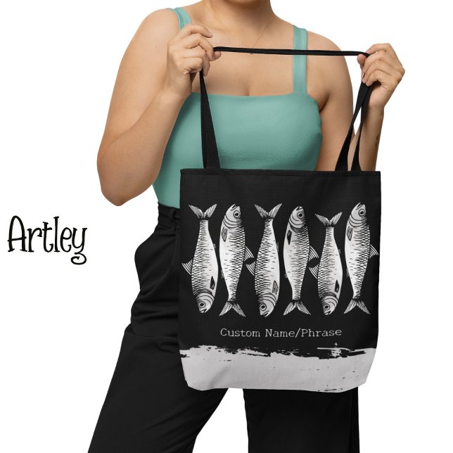 Bolsa Tote Legal Grunge Sardine Art Fish Desenha Nome da Fras (Criador carregado)
