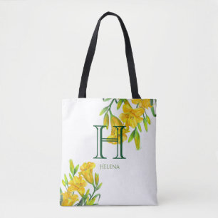 Bolsa Tote Leilão de Dia Amarelo de Aquarela Monograma Floral