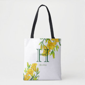 Bolsa Tote Leilão de Dia Amarelo de Aquarela Monograma Floral