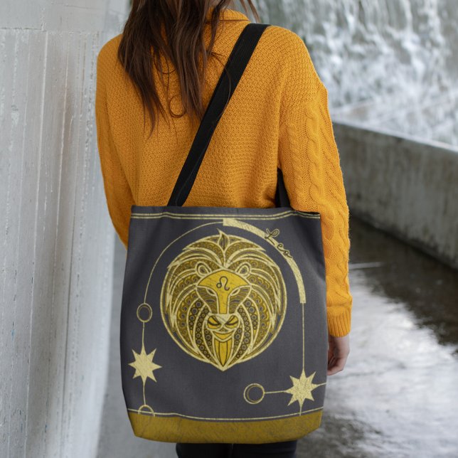 Bolsa Tote Leo Zodiac - Sinal Dourado de Cinza Amarela Mandal (Criador carregado)