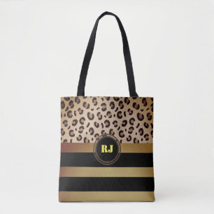 Bolsa Tote Leopardo Imprimir Douradas faixas a preto Dois Mon