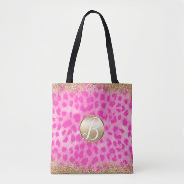 Bolsa Tote Leopardo Rosa Cheetah Impressão do Monograma da Li (Frente)
