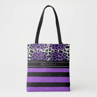 Bolsa Tote Leopardo roxo e riscas brilhantes roxas pretas