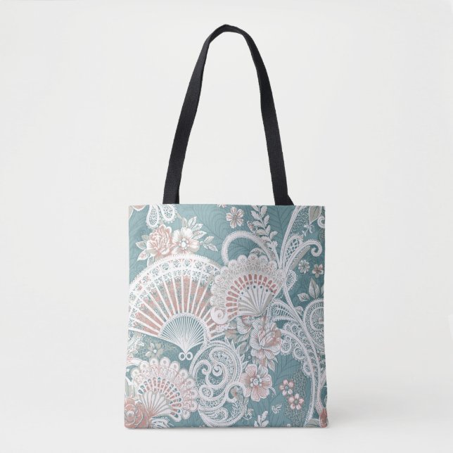 Bolsa Tote Leques Vitorianos Elegantes e Antigos Flores Renda (Frente)
