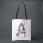 Bolsa Tote Letra A | Letra oral branca monograma I<br><div class="desc">Saco de monograma branco,  festivo e elegante com letra floral,  com flores em folhagem,  em vermelho,  verde,  ouro e cinzas. Outras cores e letras estão disponíveis. Letra A</div>