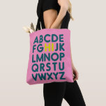 Bolsa Tote Letra alfabética simples e bonita na biblioteca ro<br><div class="desc">Design de tipografia divertida e divertida do alfabeto em rosa brilhante fuchsia e azul lacrimogêneo com H e I em amarelo limão</div>