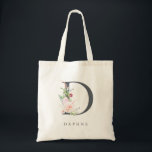 Bolsa Tote Letra azul escura botânica D Monograma<br><div class="desc">As elegantes aquarelas embaçam flores cor-de-rosa e um delicado jardim verde enfeitado na letra "D",  em cinzas de ardósia,  em saco de lona. A etiqueta apresenta uma linha de texto de modelo de solteiro para personalizar com o nome.</div>
