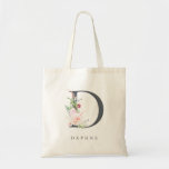 Bolsa Tote Letra azul escura botânica D Monograma<br><div class="desc">As elegantes aquarelas embaçam flores cor-de-rosa e um delicado jardim verde enfeitado na letra "D",  em cinzas de ardósia,  em saco de lona. A etiqueta apresenta uma linha de texto de modelo de solteiro para personalizar com o nome.</div>