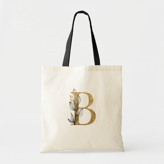 Bolsa Tote *~* Letra B Monograma Dourado Folhas Pretas Inicia (Frente)
