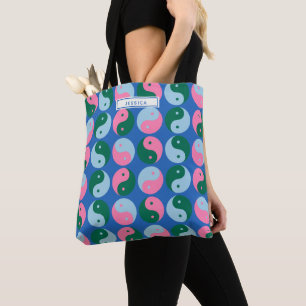Bolsa Tote Letra branca colorida Yin Yang Blue Personalizado