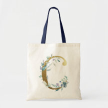 Letra C Monograma Dourado Flores Aquarela Azul