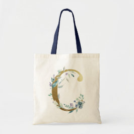 Bolsa Tote Letra C Monograma Dourado Flores Aquarela Azul