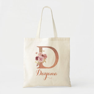 Bolsa Tote Letra D Blush rosa Glitter Monograma Floral