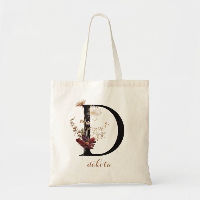 Bolsa Tote Letra "D" de Monograma Personalizado Floral Modern (Frente)
