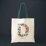 Bolsa Tote Letra D | Letra oral branca monograma I<br><div class="desc">Saco branco,  festivo e elegante monograma com letra floral,  monograma,  com flores em folhagem,  em vermelho,  verde,  ouro e cinza. Outras cores e letras estão disponíveis. Letra D</div>