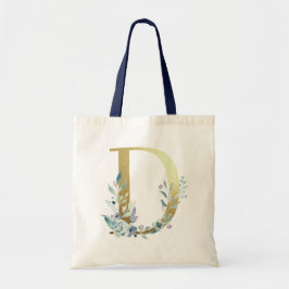 Bolsa Tote Letra D Monograma Dourada Flores Aquarela Azul