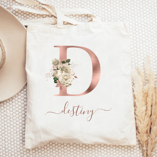 Bolsa Tote Letra D Monograma Floral Marfim em Dourado Rosa