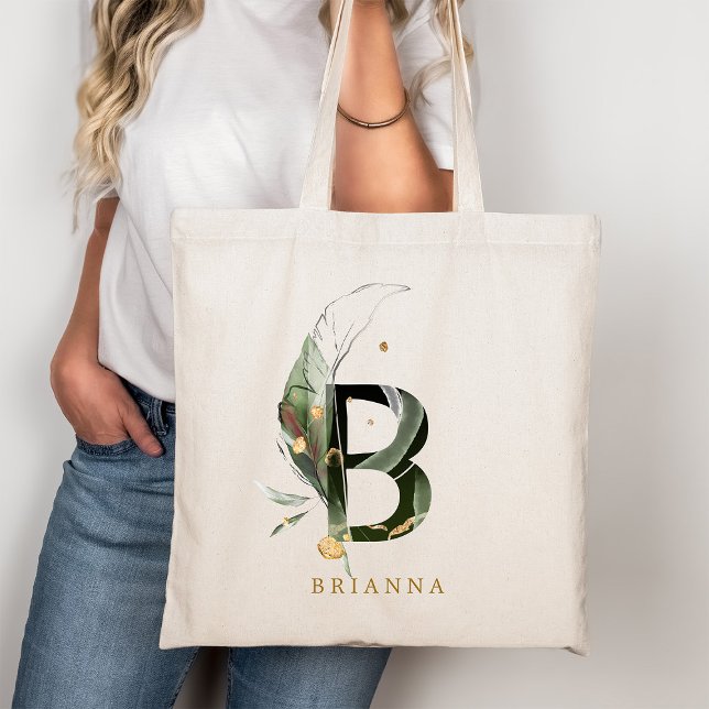 Bolsa Tote Letra de monograma de folhas tropicais personaliza (Criador carregado)