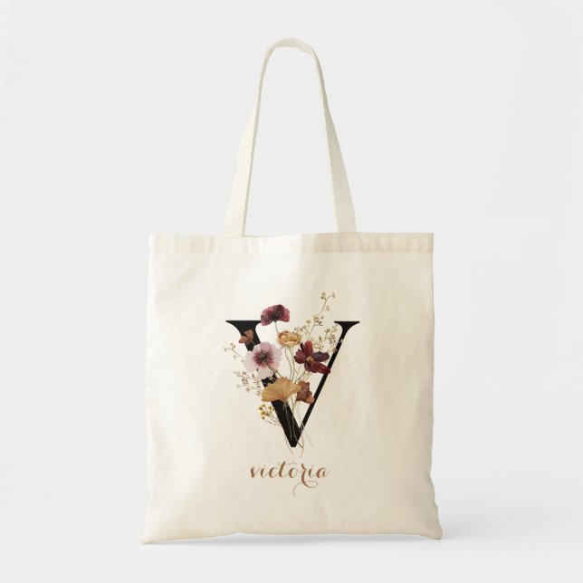 Bolsa Tote Letra de monograma personalizada moderna floral "V (Frente)