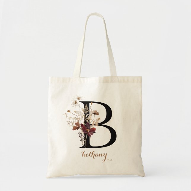 Bolsa Tote Letra de Monograma Personalizado Moderno Floral "B (Frente)