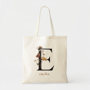 Bolsa Tote Letra de Monograma Personalizado Moderno Floral "E