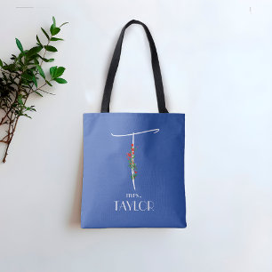 Bolsa Tote Letra de nome de aquarela moderna T azul de profes