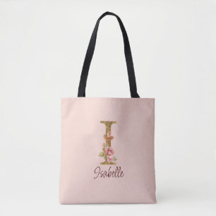 Bolsa Tote Letra de Nome Personalizado I Rosas Rosa Bege com
