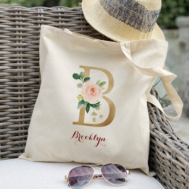 Bolsa Tote Letra Dourada B e Floral Blush Personalizado (Criador carregado)