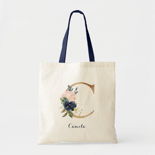 Bolsa Tote Letra Dourada C e Floral Blush Personalizado (Frente)