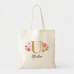 Bolsa Tote Letra Dourada, cor-de-rosa, monograma floral, "U"