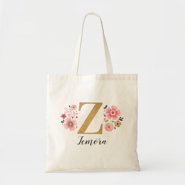 Bolsa Tote Letra Dourada, cor-de-rosa, monograma floral, "Z" (Frente)