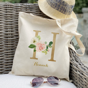 Bolsa Tote Letra Dourada H e Floral Blush Personalizado