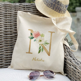 Bolsa Tote Letra Dourada N e Floral Blush Personalizado