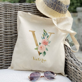 Bolsa Tote Letra Dourada V e Floral Blush Personalizado