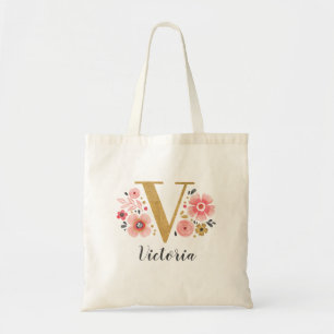 Bolsa Tote Letra Dourada V Monograma Floral Rosa
