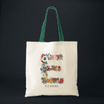 Bolsa Tote Letra E | Letra oral branca monograma I<br><div class="desc">Saco branco,  festivo e elegante monograma com letra floral,  monograma,  com flores em folhagem,  em vermelho,  verde,  ouro e cinza. Outras cores e letras estão disponíveis. Letra E</div>