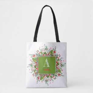 Bolsa Tote Letra elegante Monograma Red Christmas