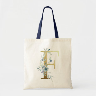 Bolsa Tote Letra F Monograma Dourada Flores Aquarela Azul