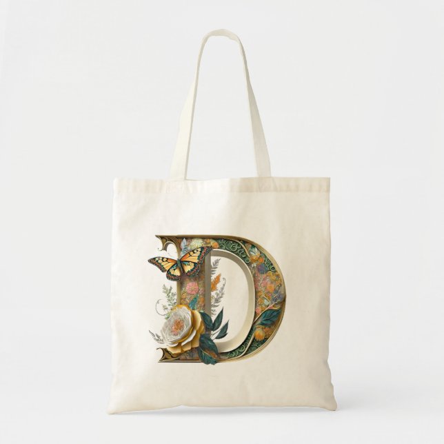 Bolsa Tote Letra floral elegante boêmia D (Frente)