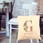 Bolsa Tote Letra floral G rosa e Buquê marfim<br><div class="desc">Saco de tote personalizado com seu monograma - nome e inicial. A letra floral G é desenhada em rosa cor-de-rosa brilhante e decorada com um buquê cor-de-rosa e marfim de flores aquosas e verde. O modelo está configurado para que você adicione seu nome em um script escrito à mão cor-de-rosa...</div>