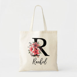 Bolsa Tote Letra Floral Negra R Monograma com Nome Personaliz