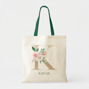 Bolsa Tote Letra floral rosa aquarela K Monograma Toa Bag