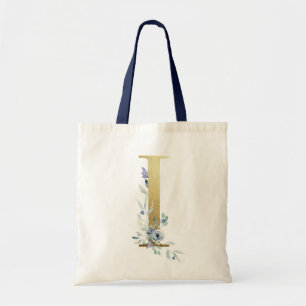 Bolsa Tote Letra i Monograma Dourada Flores Aquarela Azul