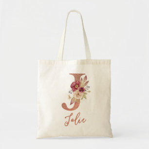 Bolsa Tote Letra J Blush rosa Glitter Monograma Floral