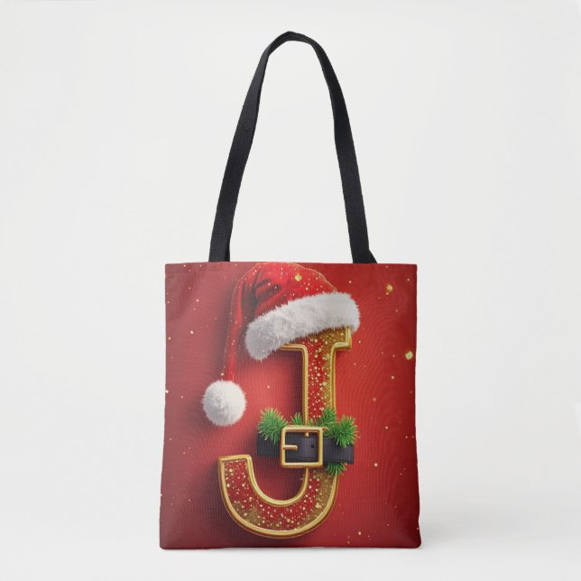 Bolsa Tote Letra J de Natal Monograma de Natal 🎅 (Frente)