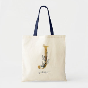 Bolsa Tote Letra "J" Monograma Moderno Folha de Ouro Azul Mar