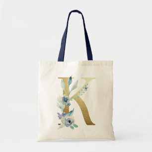 Bolsa Tote Letra K de Monograma Dourado Flores de Aquarela Az