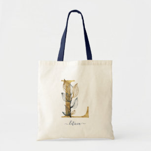 Bolsa Tote Letra "L" Monograma Moderno Folha de Ouro Azul Mar