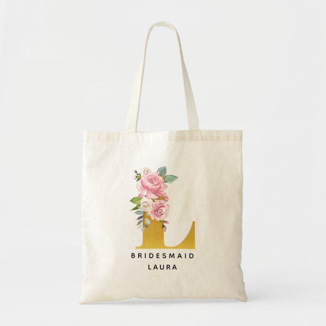 Bolsa Tote Letra Monograma Dourada L Floral Personalizada Ros (Frente)